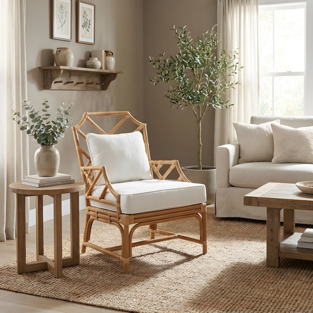 Rattan Accent Armchair with Chinese Chippendale Shield Back and Cushion