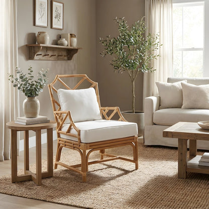 Rattan Accent Armchair with Chinese Chippendale Shield Back and Cushion