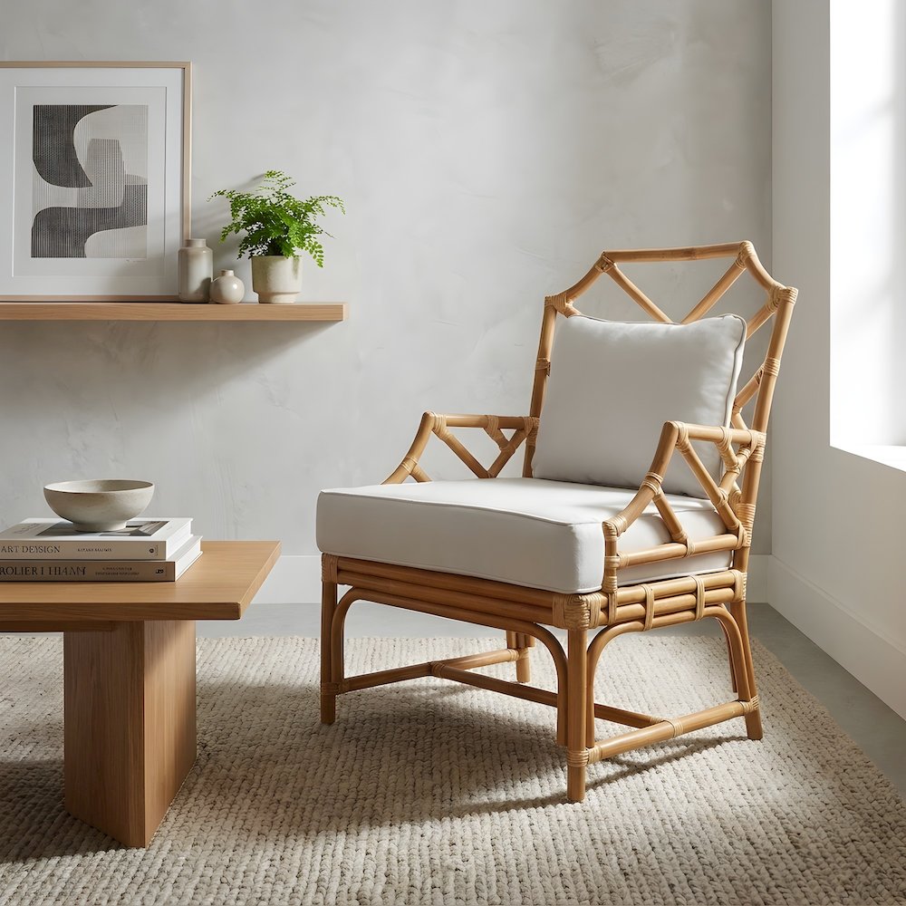 Rattan Accent Armchair with Chinese Chippendale Shield Back and Cushion