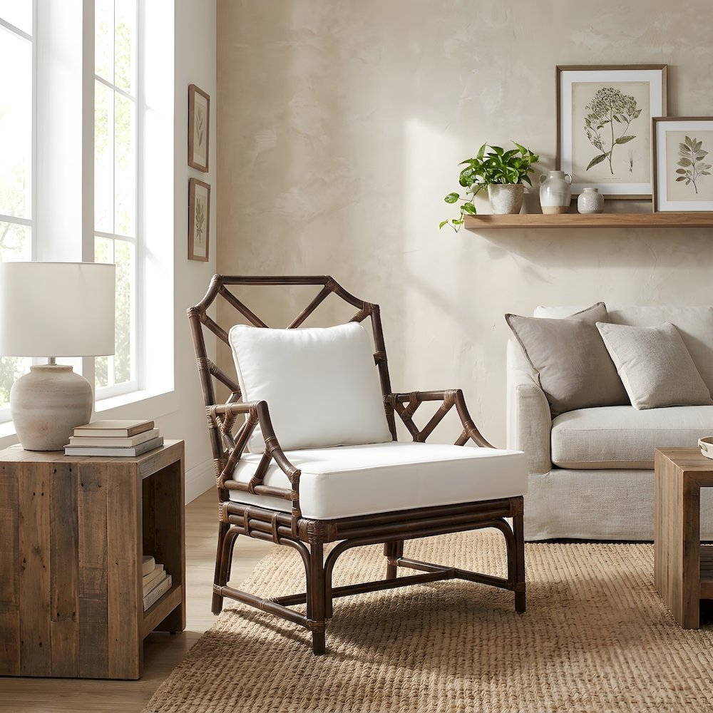 Rattan Armchair with Chinese Chippendale Shield Back, Removable Cushion