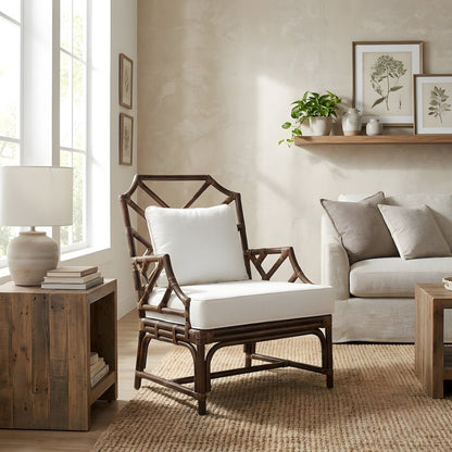 Rattan Armchair with Chinese Chippendale Shield Back, Removable Cushion
