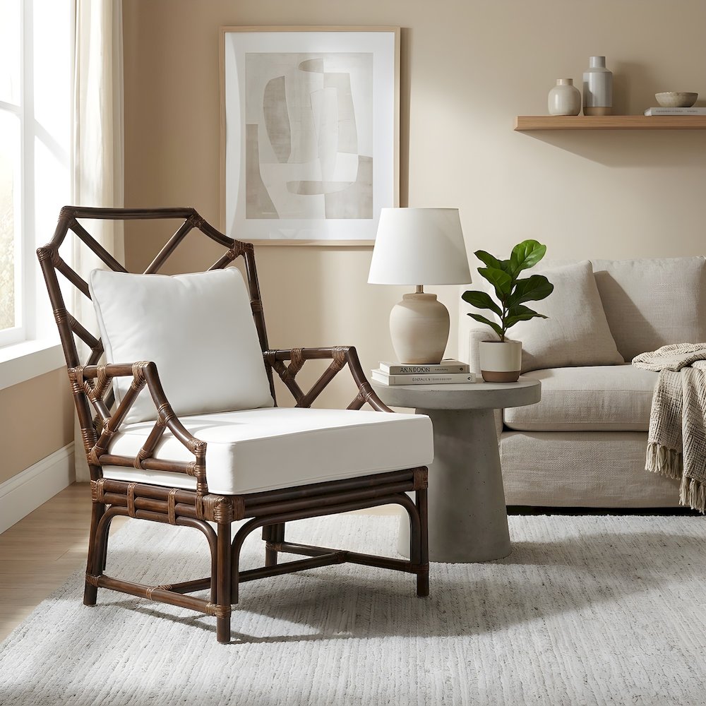Rattan Armchair with Chinese Chippendale Shield Back, Removable Cushion