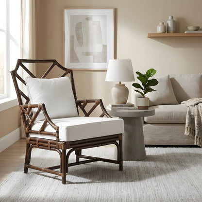 Rattan Armchair with Chinese Chippendale Shield Back, Removable Cushion