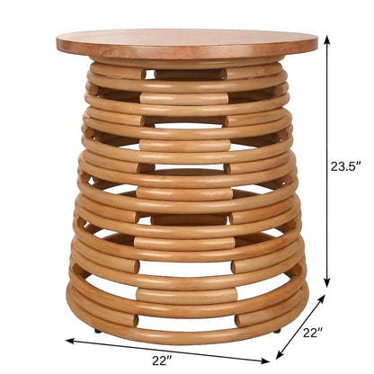 Rattan Round Accent Table with Solid Mindi Wood Top, Boho Side Table