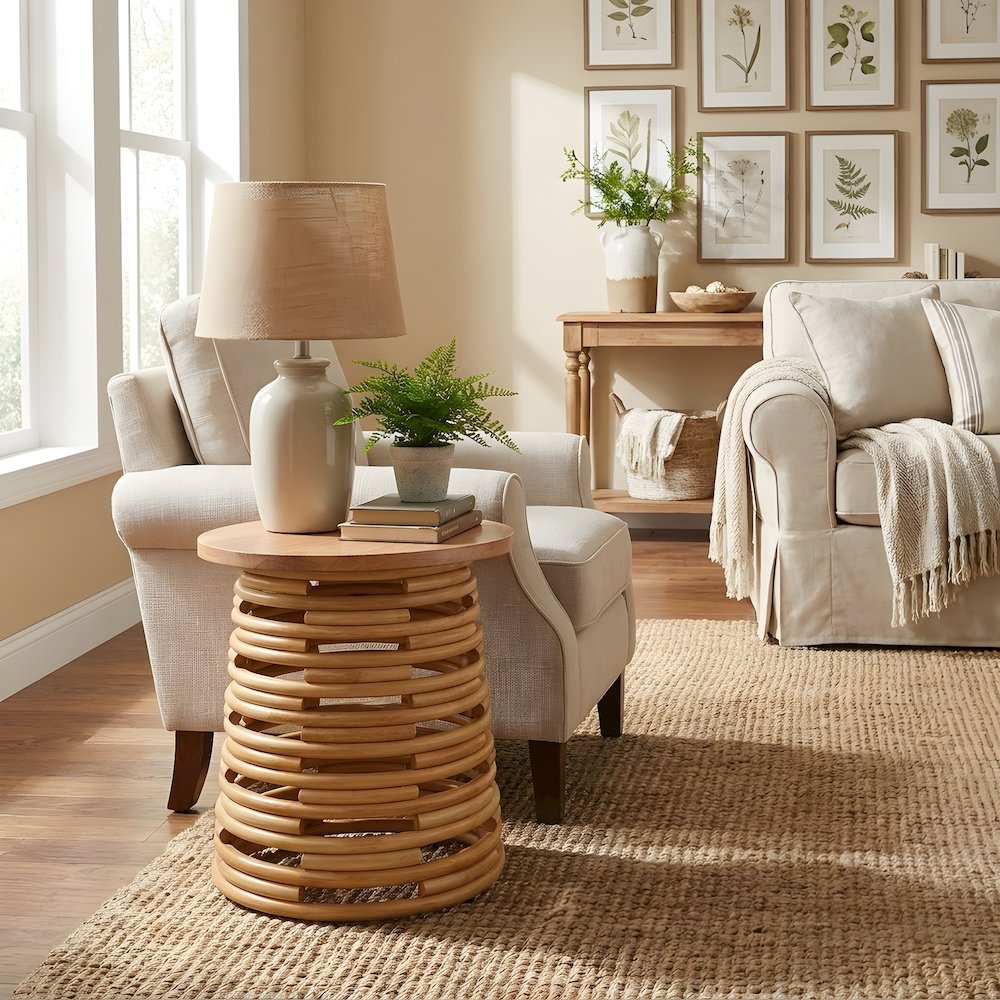 Rattan Round Accent Table with Solid Mindi Wood Top, Boho Side Table