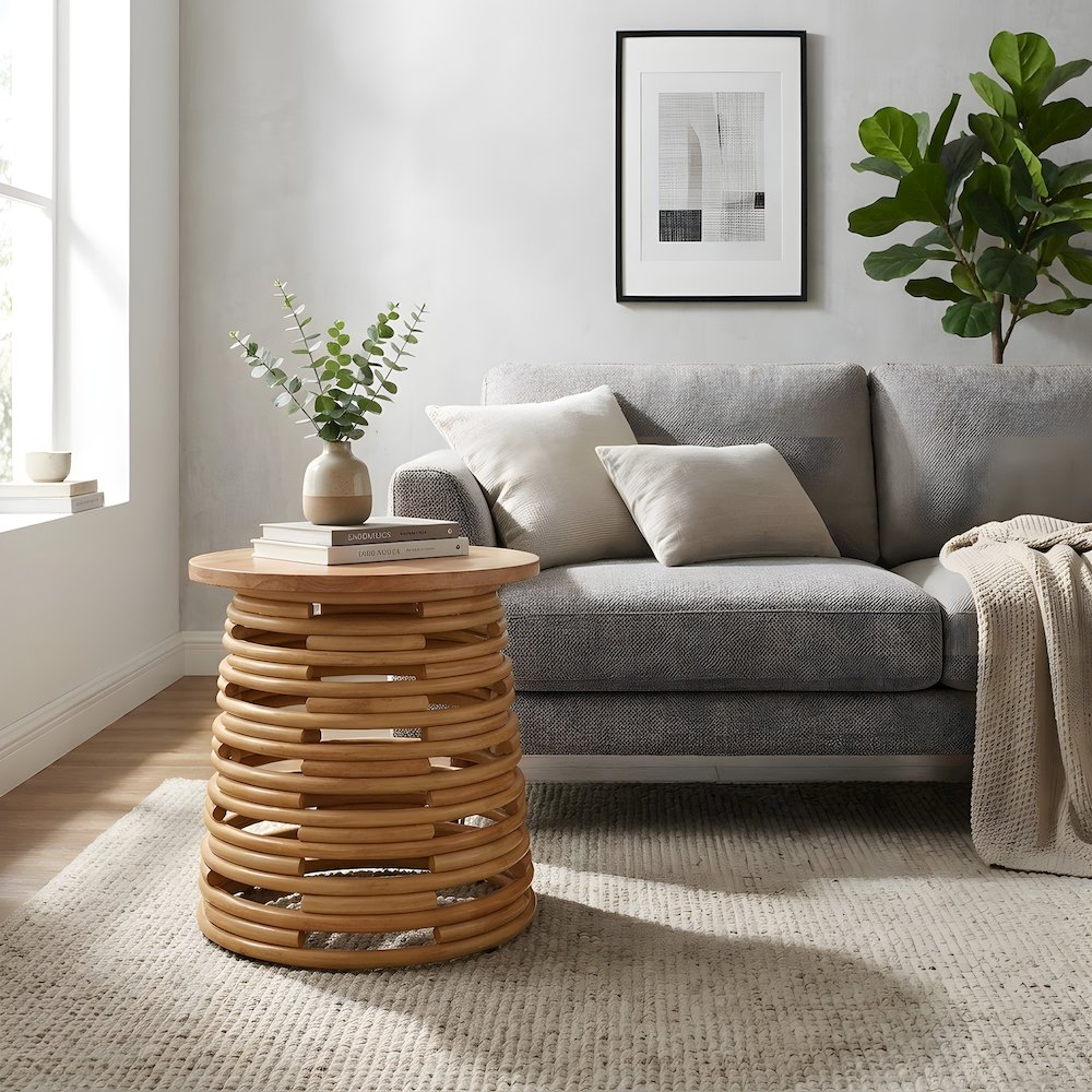 Rattan Round Accent Table with Solid Mindi Wood Top, Boho Side Table