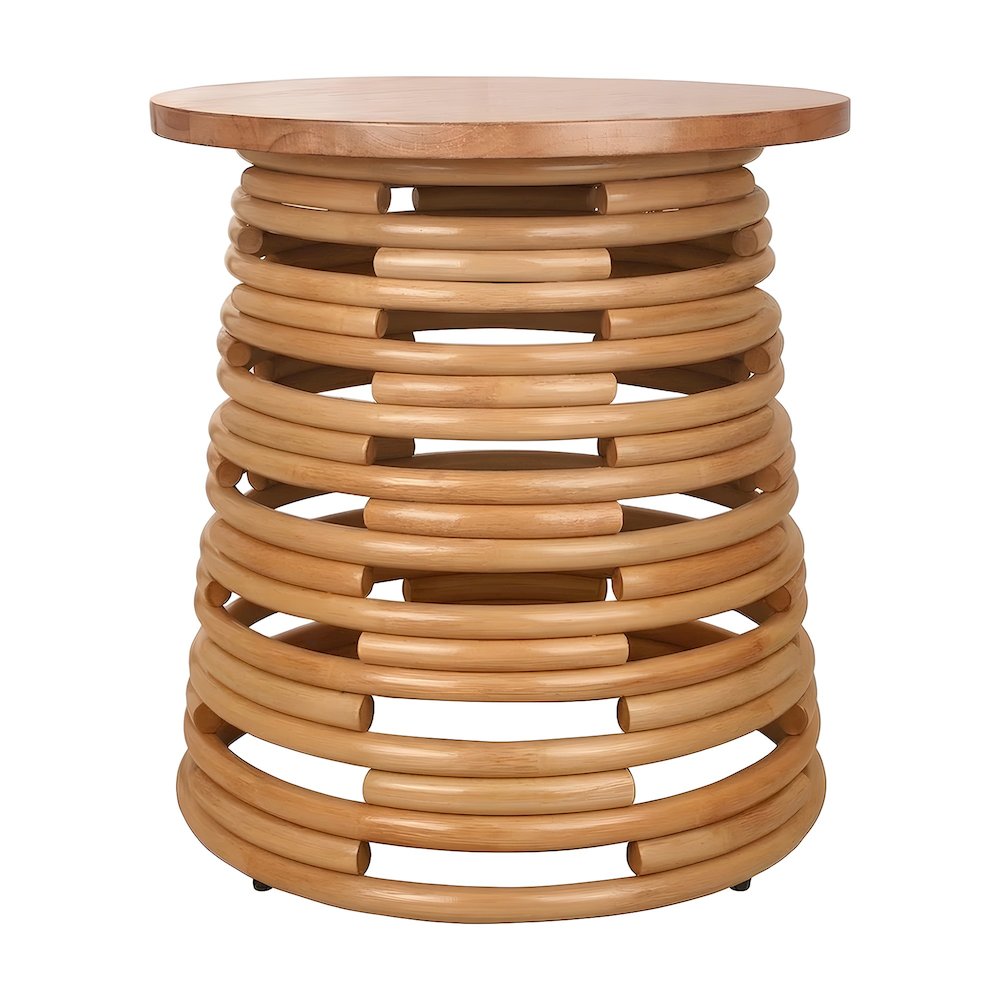 Rattan Round Accent Table with Solid Mindi Wood Top, Boho Side Table