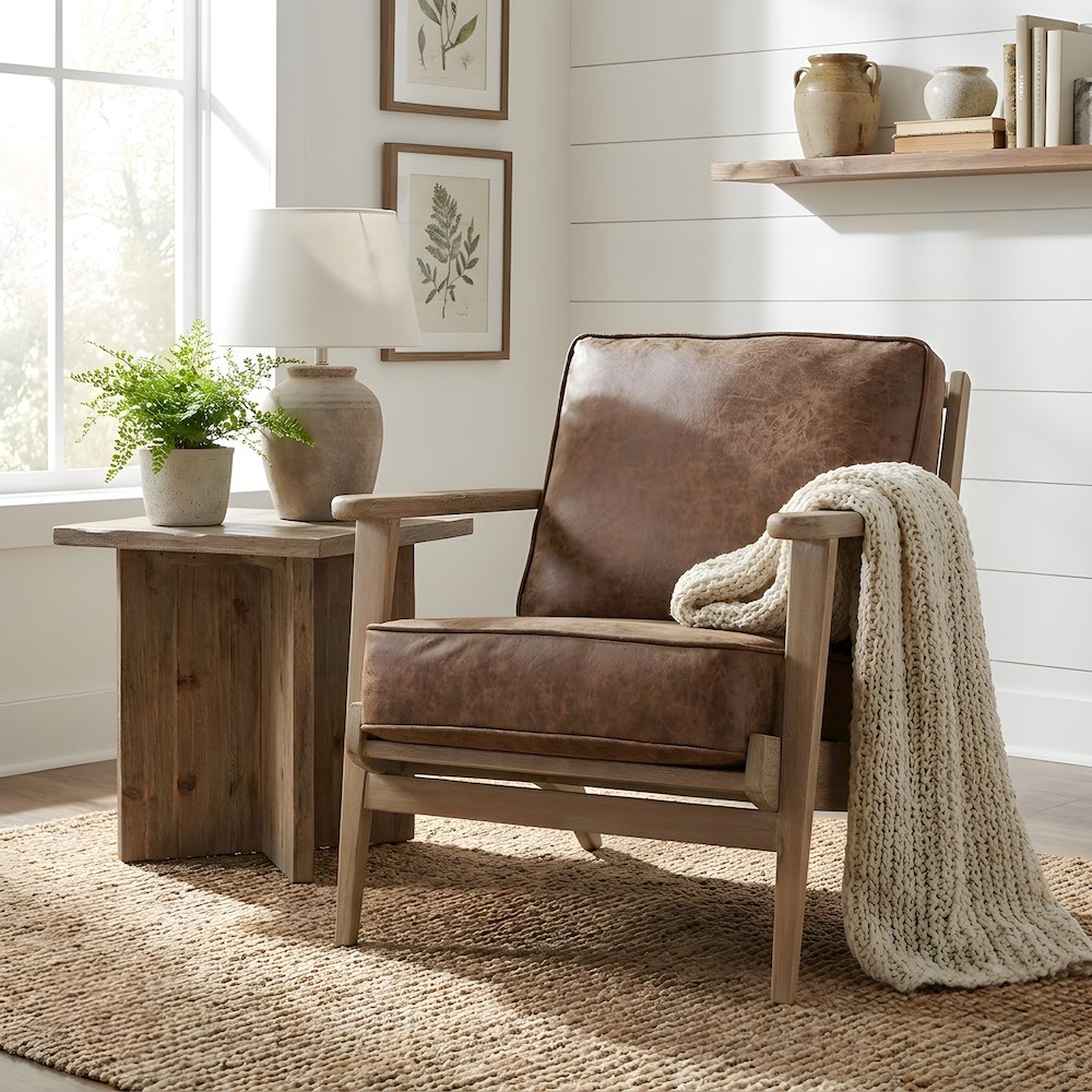 PU Upholstered Accent Arm Chair with Solid Beech Wood and Brushed Smoke Legs