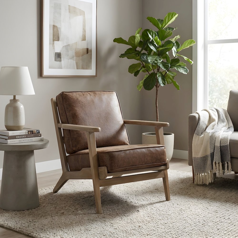 PU Upholstered Accent Arm Chair with Solid Beech Wood and Brushed Smoke Legs