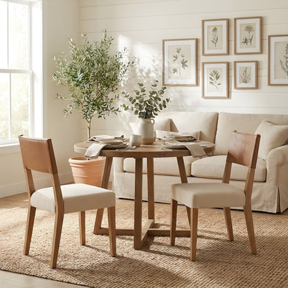 Faux Leather and Linen Dining Side Chair with Nettlewood Legs, Set of 2