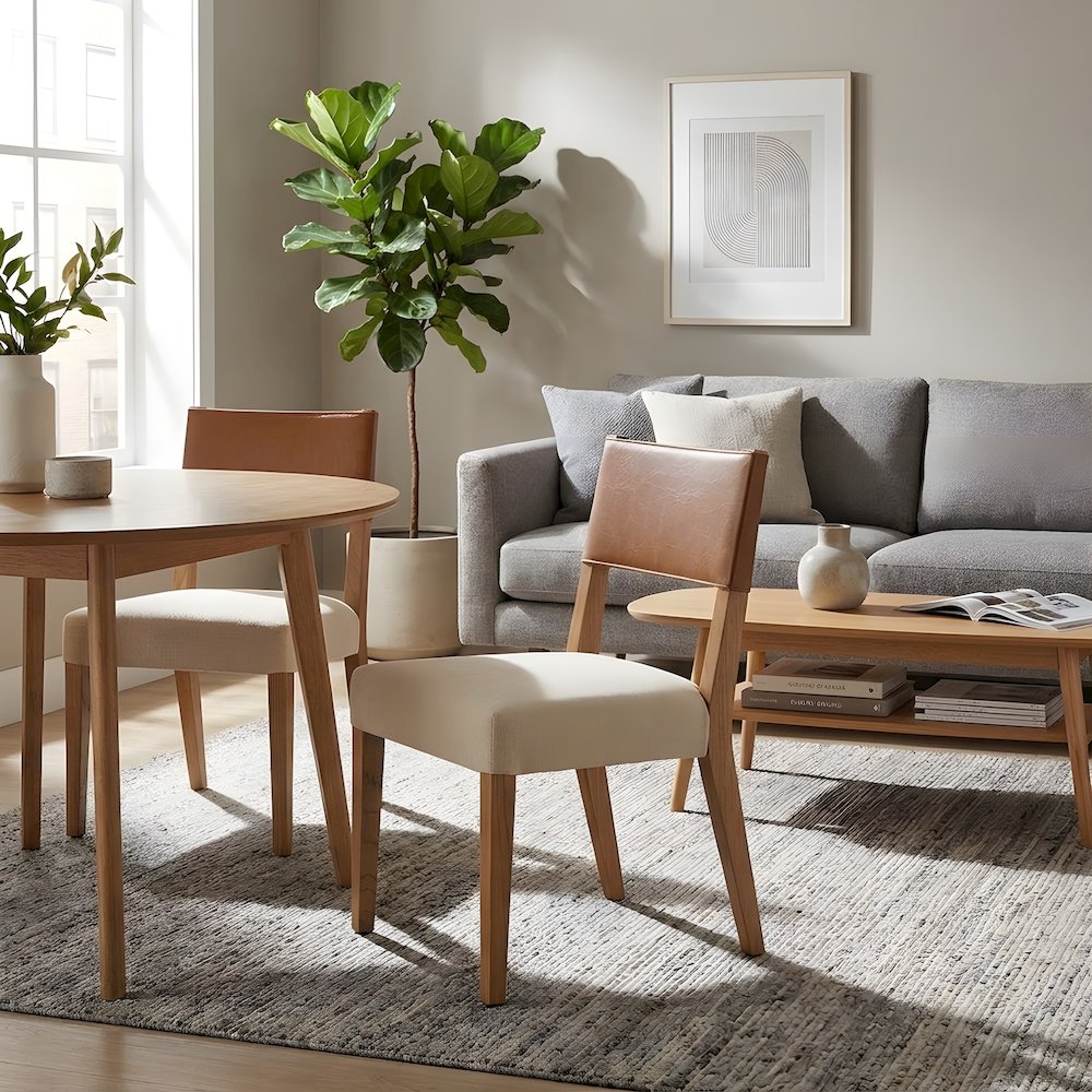 Faux Leather and Linen Dining Side Chair with Nettlewood Legs, Set of 2