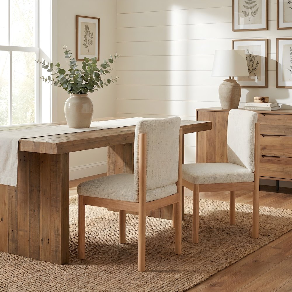 Chenille Fabric Japandi Dining Side Chair with Solid Rubber Wood Legs, Set of 2