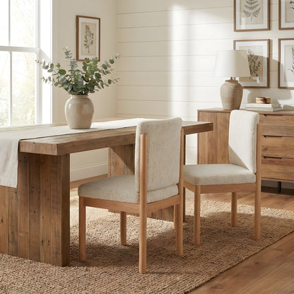 Chenille Fabric Japandi Dining Side Chair with Solid Rubber Wood Legs, Set of 2