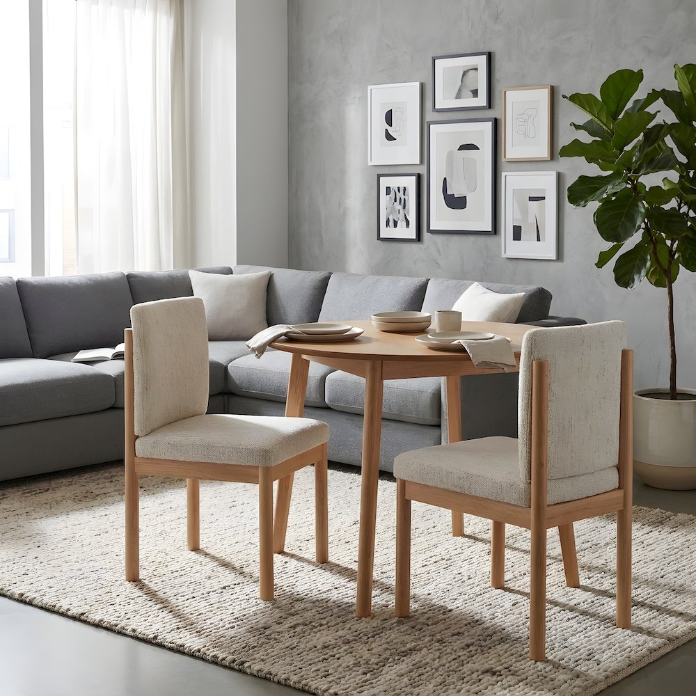 Chenille Fabric Japandi Dining Side Chair with Solid Rubber Wood Legs, Set of 2