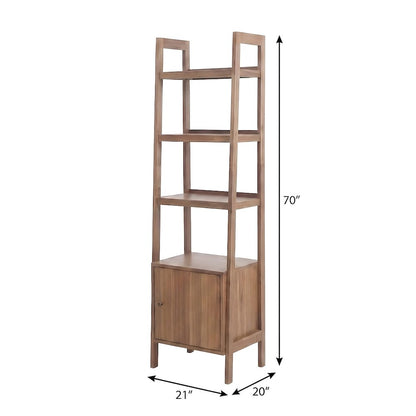 Solid Acacia Wood Tall Bookcase with Open Shelves and Cabinet Door with Storage