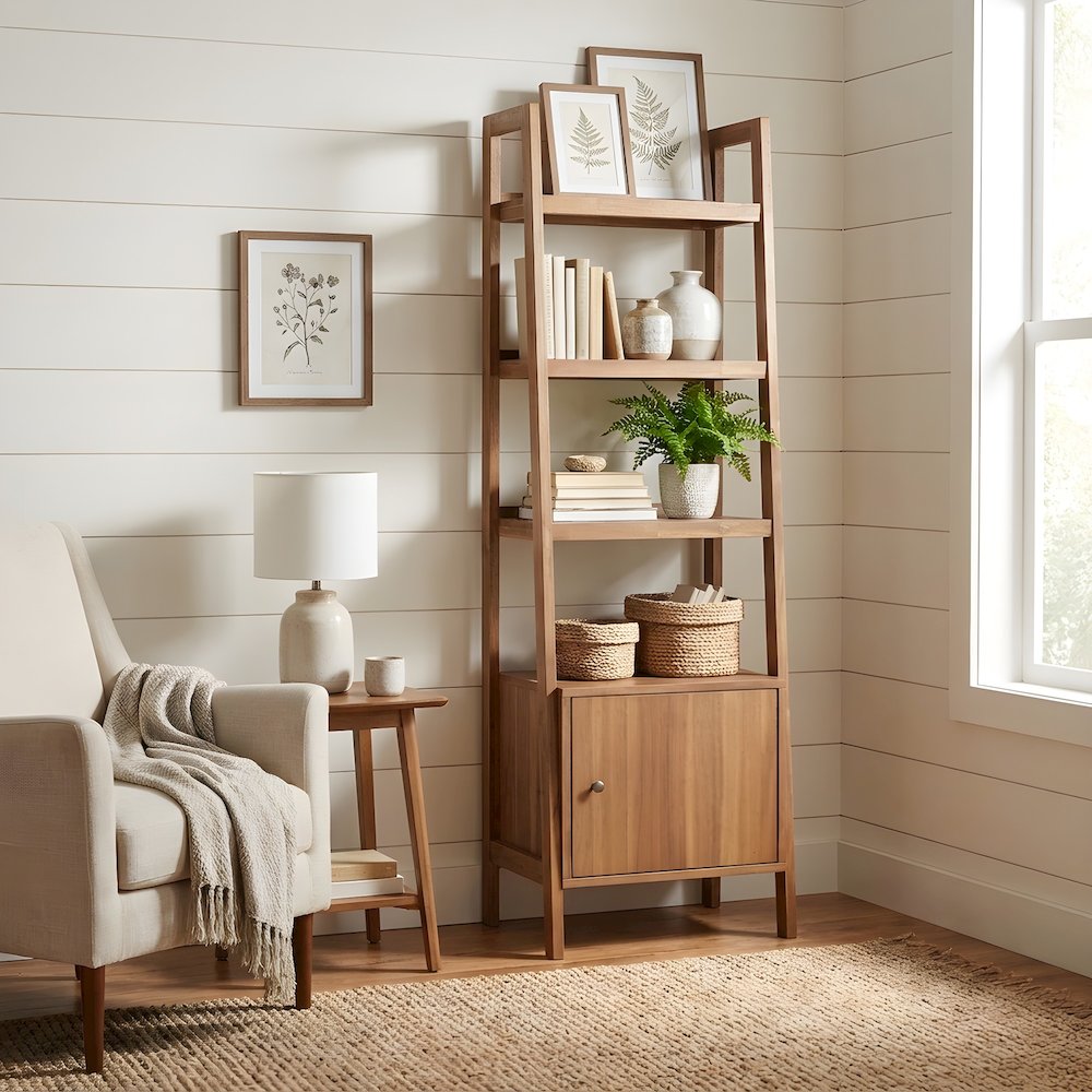 Solid Acacia Wood Tall Bookcase with Open Shelves and Cabinet Door with Storage