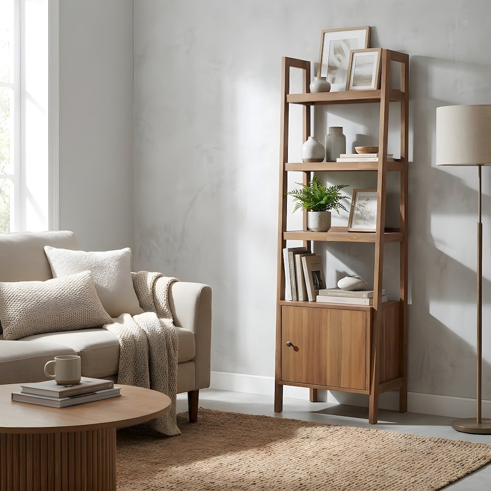 Solid Acacia Wood Tall Bookcase with Open Shelves and Cabinet Door with Storage