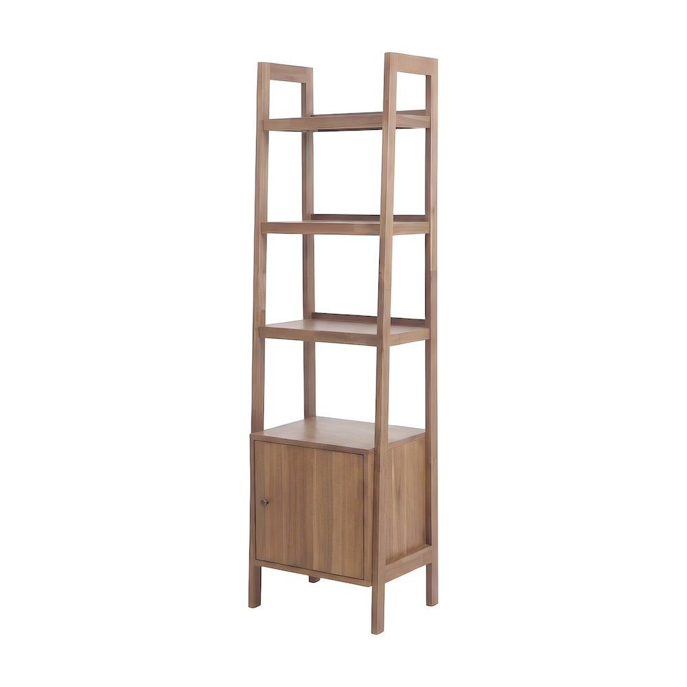 Solid Acacia Wood Tall Bookcase with Open Shelves and Cabinet Door with Storage