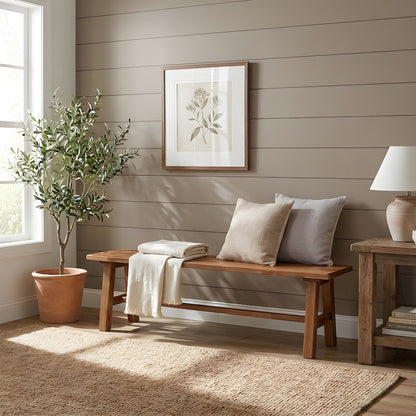 Solid Acacia Wood Dining Bench with Trestle Base and Square Seat for Dining Room