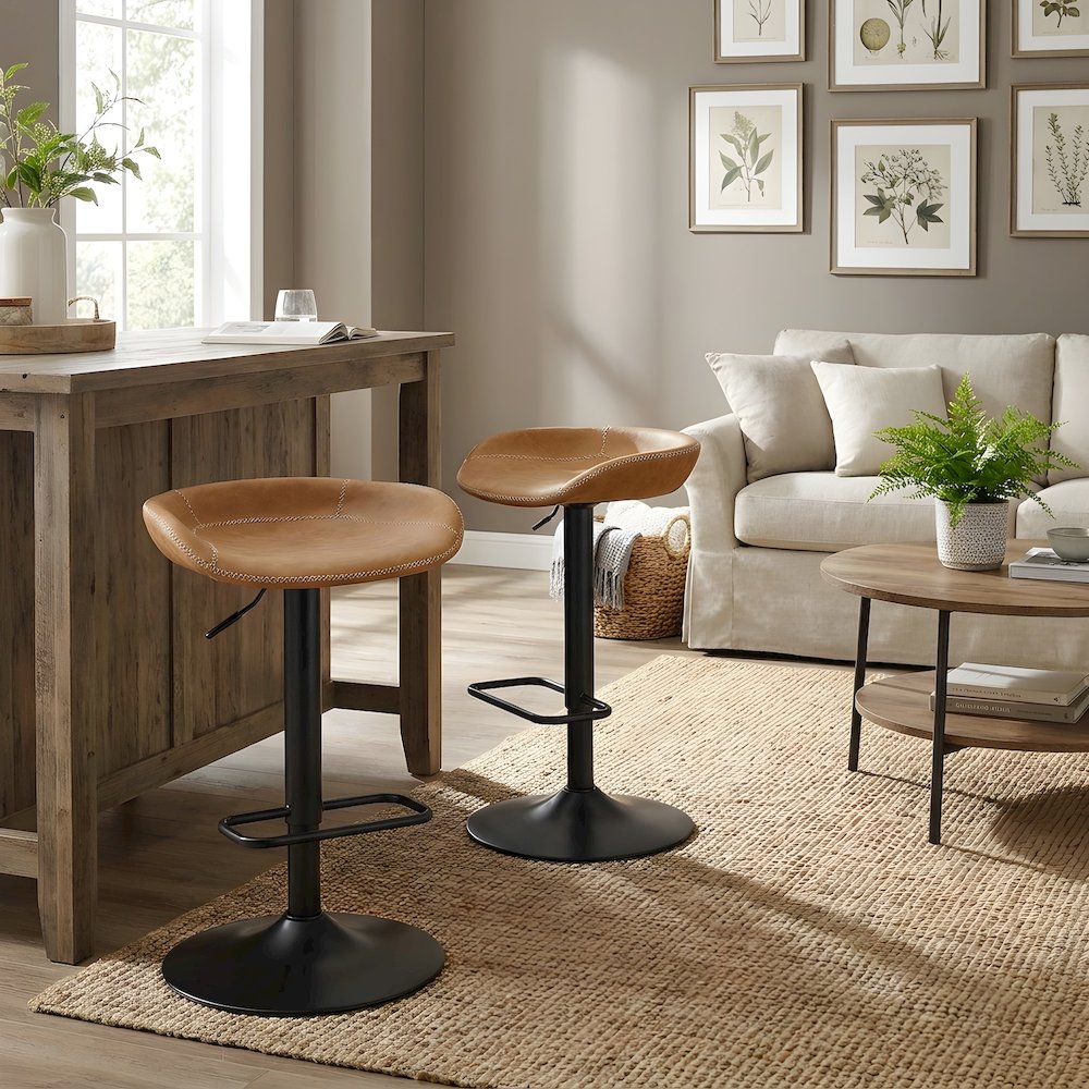 Faux Leather Gaslift Swivel Bar Stools with Adjustable Round Seat, Set of 2
