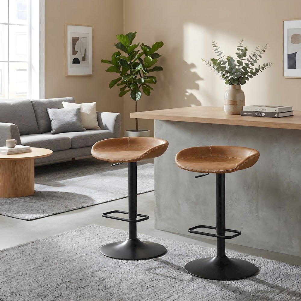 Faux Leather Gaslift Swivel Bar Stools with Adjustable Round Seat, Set of 2