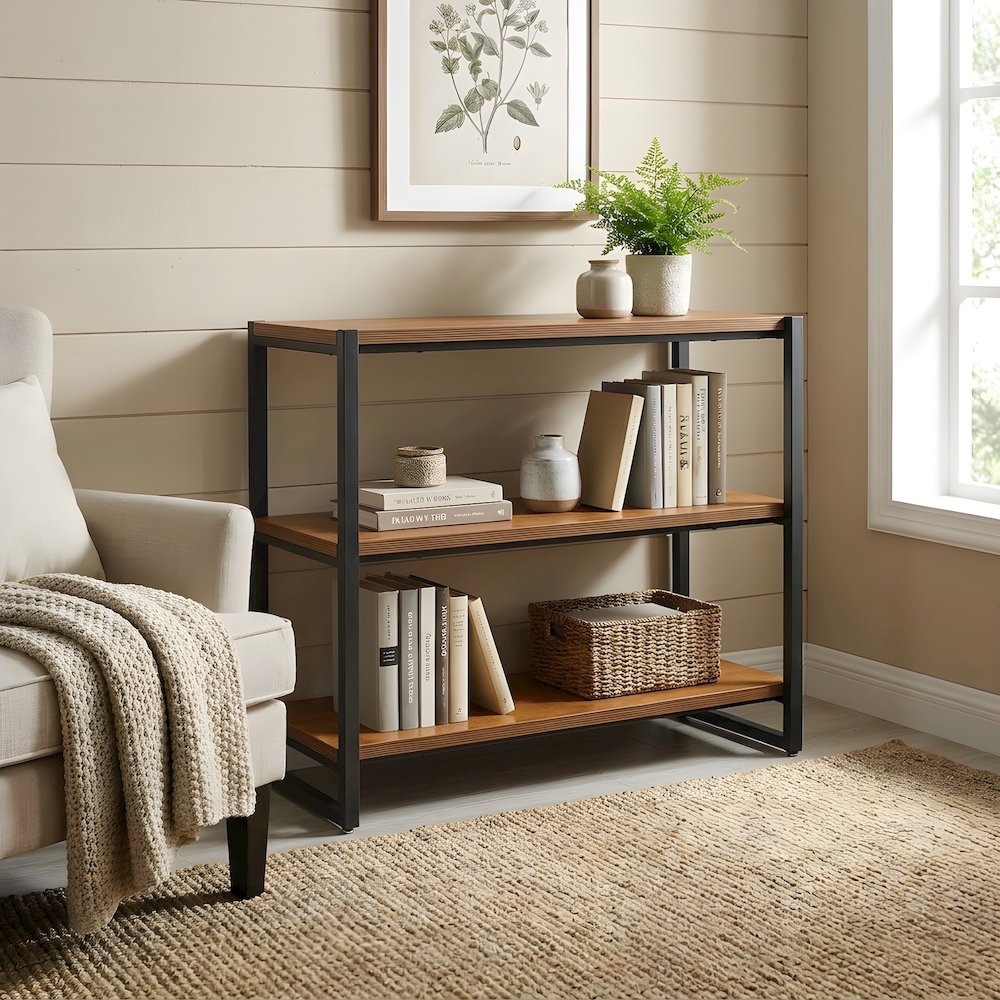 Steel-Frame MDF Bookcase with Three Fixed Shelves, Industrial Open Shelf