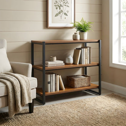 Steel-Frame MDF Bookcase with Three Fixed Shelves, Industrial Open Shelf