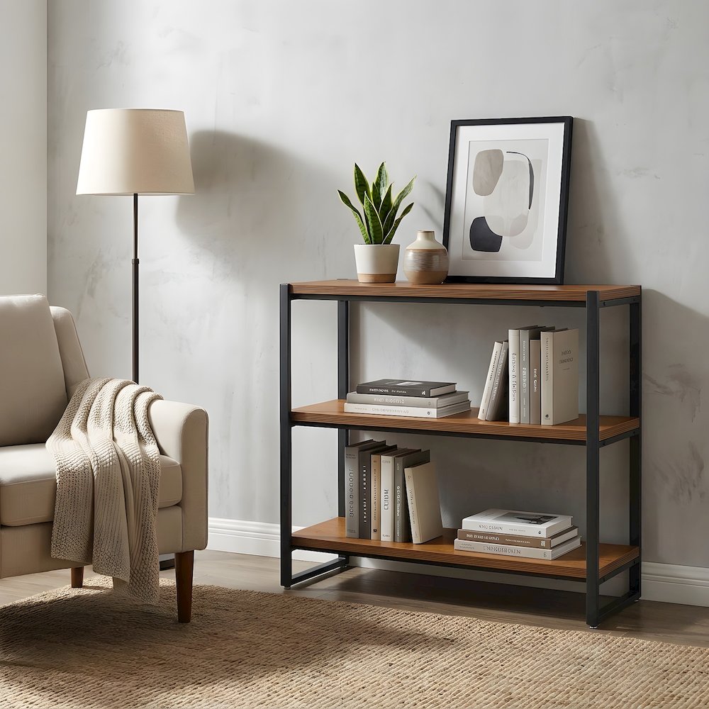 Steel-Frame MDF Bookcase with Three Fixed Shelves, Industrial Open Shelf
