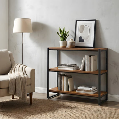 Steel-Frame MDF Bookcase with Three Fixed Shelves, Industrial Open Shelf