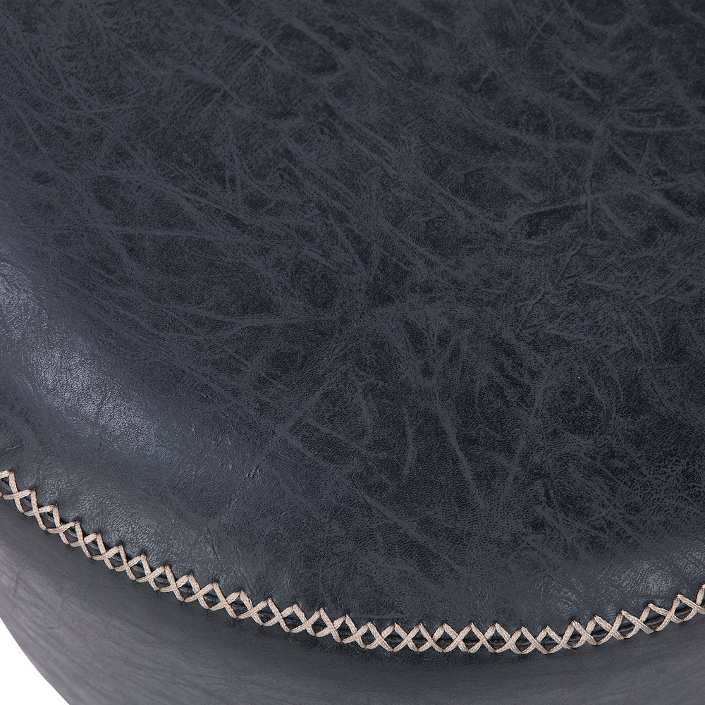 PU Leather Round Ottoman, Vintage Black