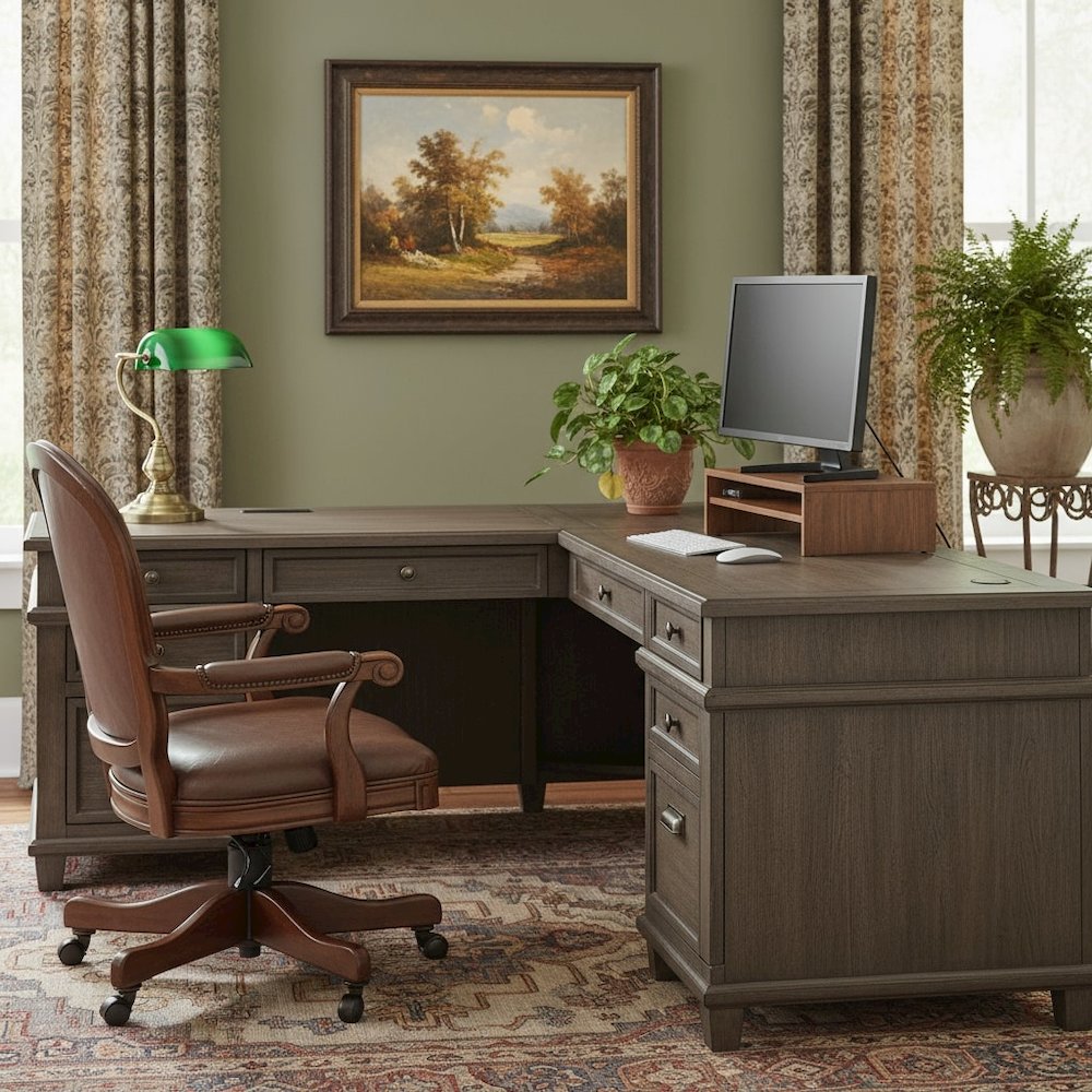 Wood L-Desk & Return, 5 Drawers, 2 File Drawers, Power Center, Gray