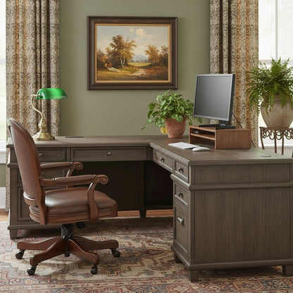 Wood L-Desk & Return, 5 Drawers, 2 File Drawers, Power Center, Gray