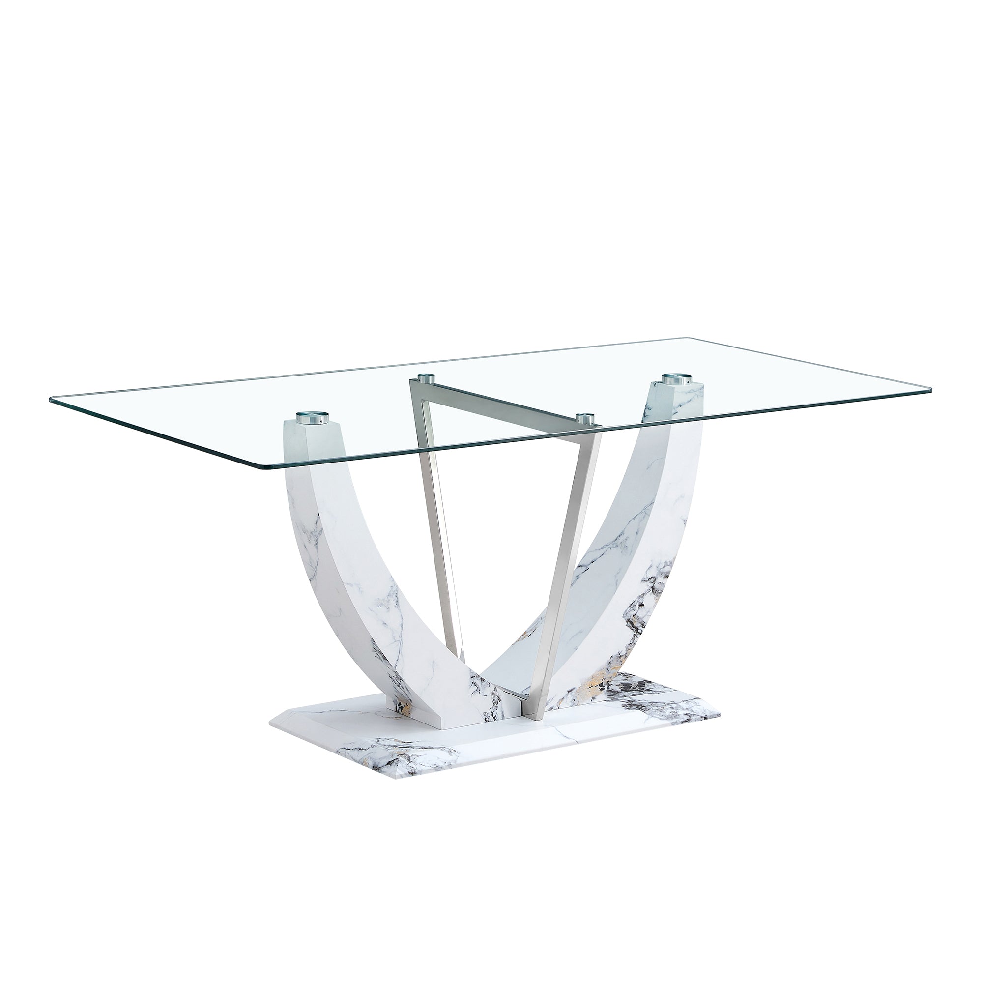 Table and chair set, large modern rectangular glass table, can accommodate 6-8 people, equipped with a 0.39-inch tempered glass tabletop and MDF table legs.Paired with comfortable and soft chairs.