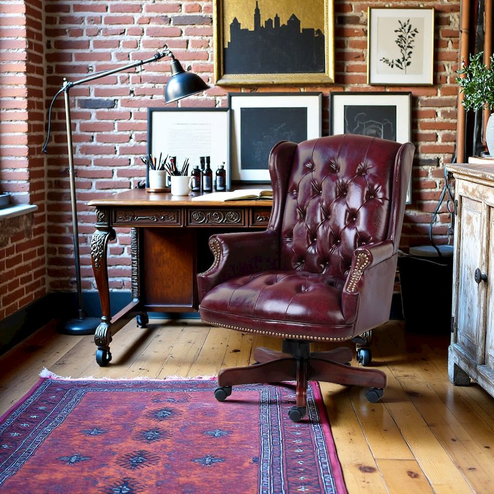 Burgundy Faux Leather Office Chair, Executive Chair With Wood Accents On Base