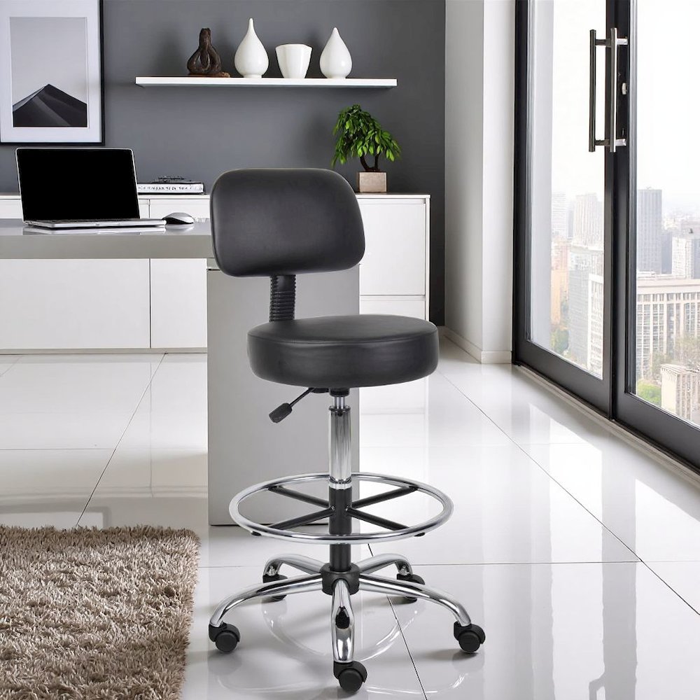 Black Drafting Chair Office Stool With Back, Tall Work Stool On Wheels