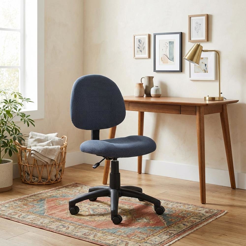 Blue Armless Office Chair With Wheels, Ideal Desk Chair For Sewing Tasks