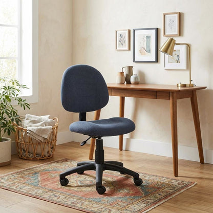 Blue Armless Office Chair With Wheels, Ideal Desk Chair For Sewing Tasks