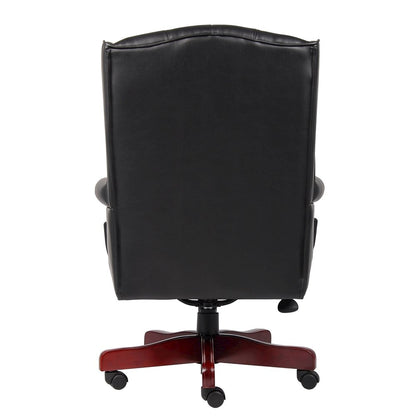 Black Faux Leather Office Chair, Executive Chair With Wood Accents On Base