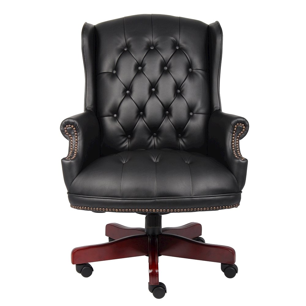 Black Faux Leather Office Chair, Executive Chair With Wood Accents On Base