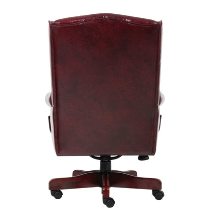 Burgundy Faux Leather Office Chair, Executive Chair With Wood Accents On Base
