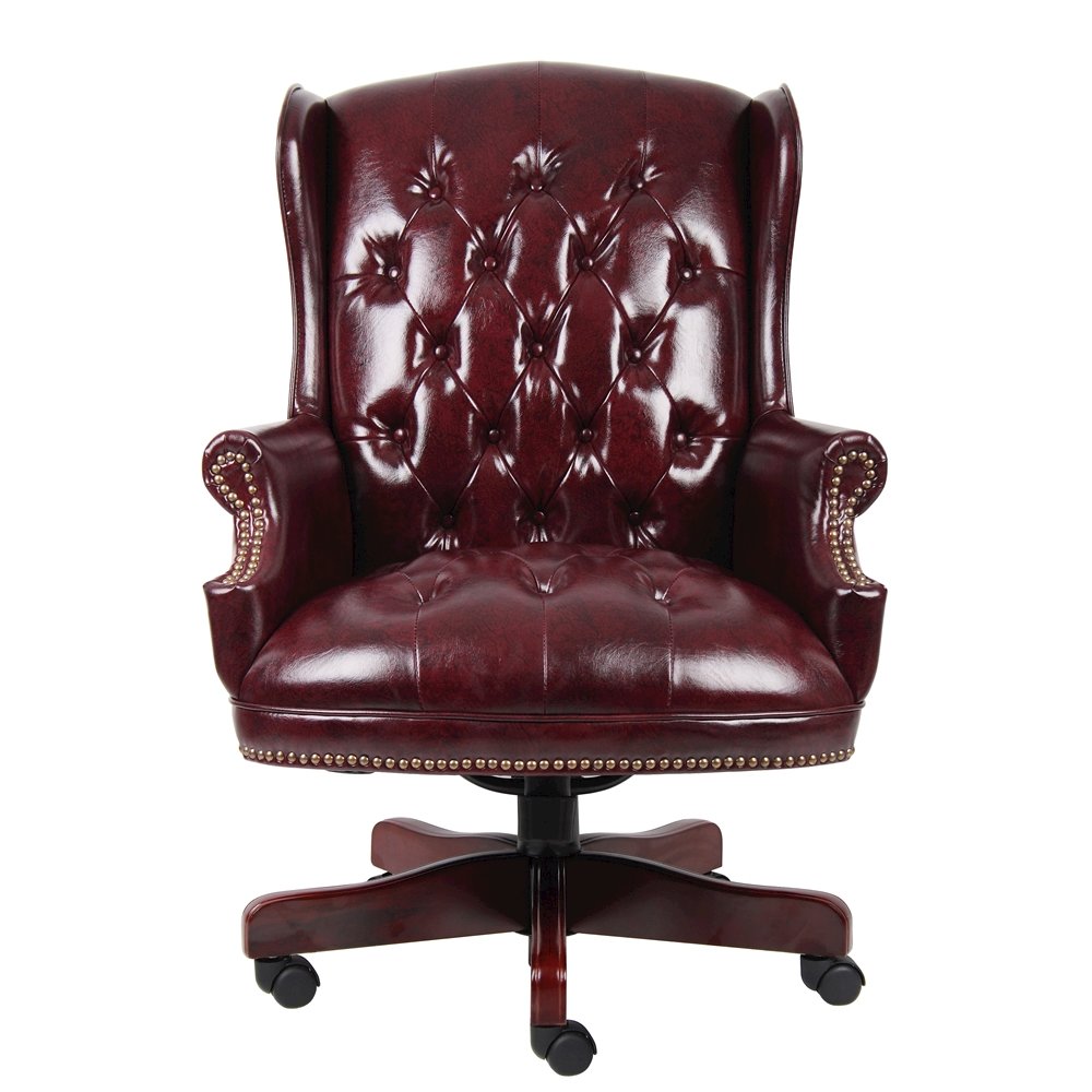 Burgundy Faux Leather Office Chair, Executive Chair With Wood Accents On Base