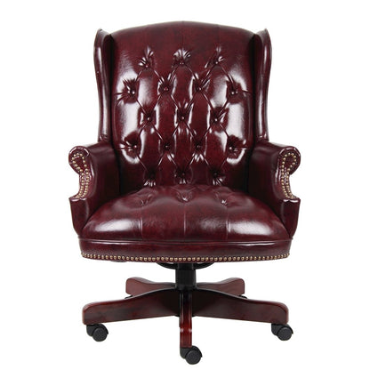 Burgundy Faux Leather Office Chair, Executive Chair With Wood Accents On Base