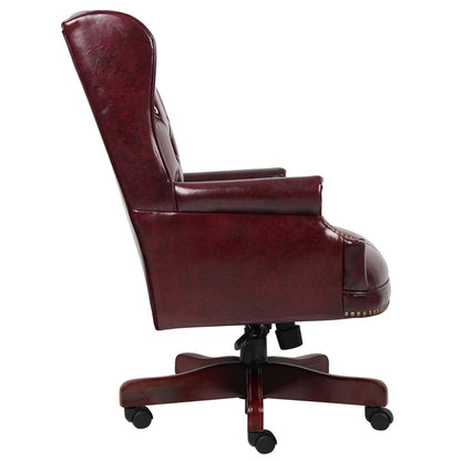 Burgundy Faux Leather Office Chair, Executive Chair With Wood Accents On Base