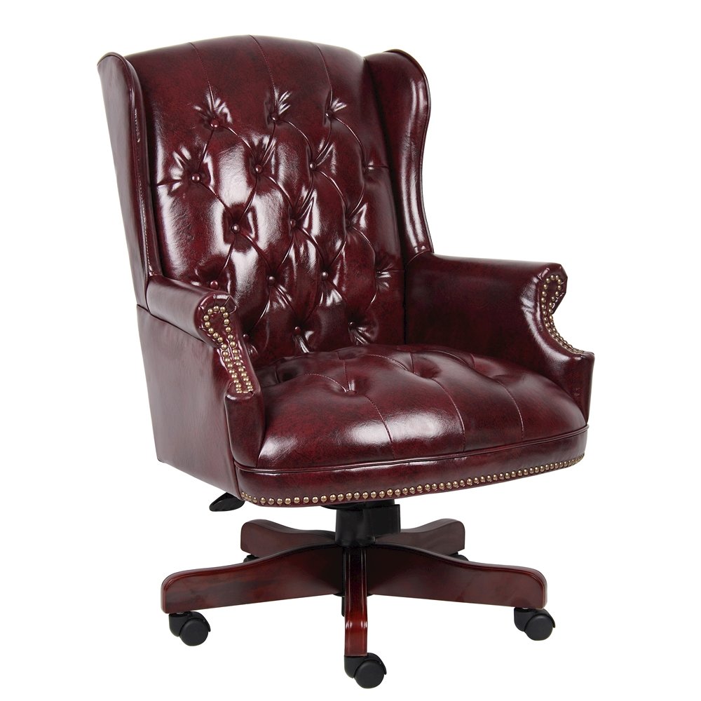 Burgundy Faux Leather Office Chair, Executive Chair With Wood Accents On Base