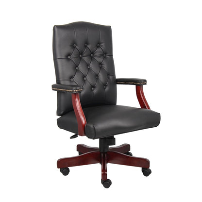 Tufted Executive Desk Chair in Black Faux Leather With Mahogany Base