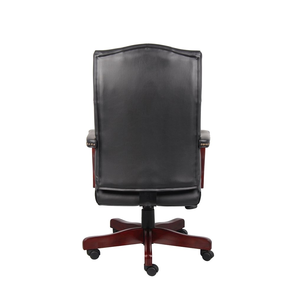 Tufted Executive Desk Chair in Black Faux Leather With Mahogany Base