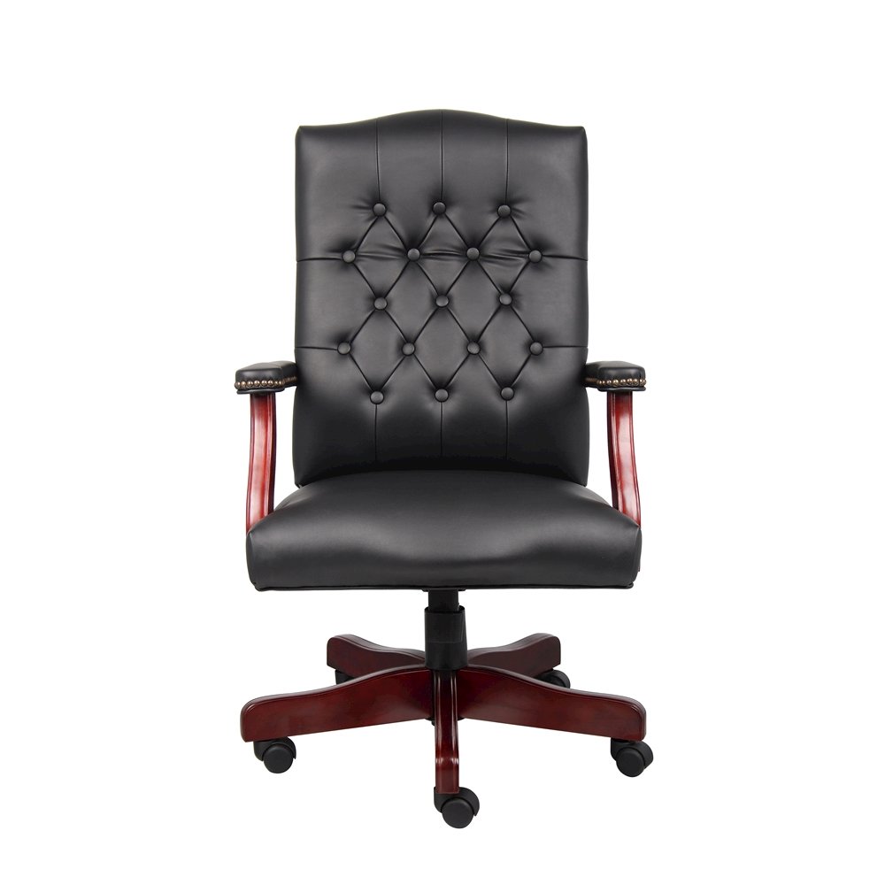 Tufted Executive Desk Chair in Black Faux Leather With Mahogany Base