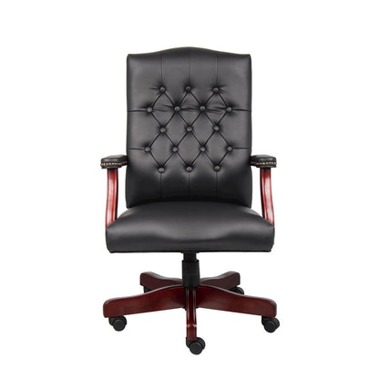 Tufted Executive Desk Chair in Black Faux Leather With Mahogany Base