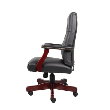 Tufted Executive Desk Chair in Black Faux Leather With Mahogany Base