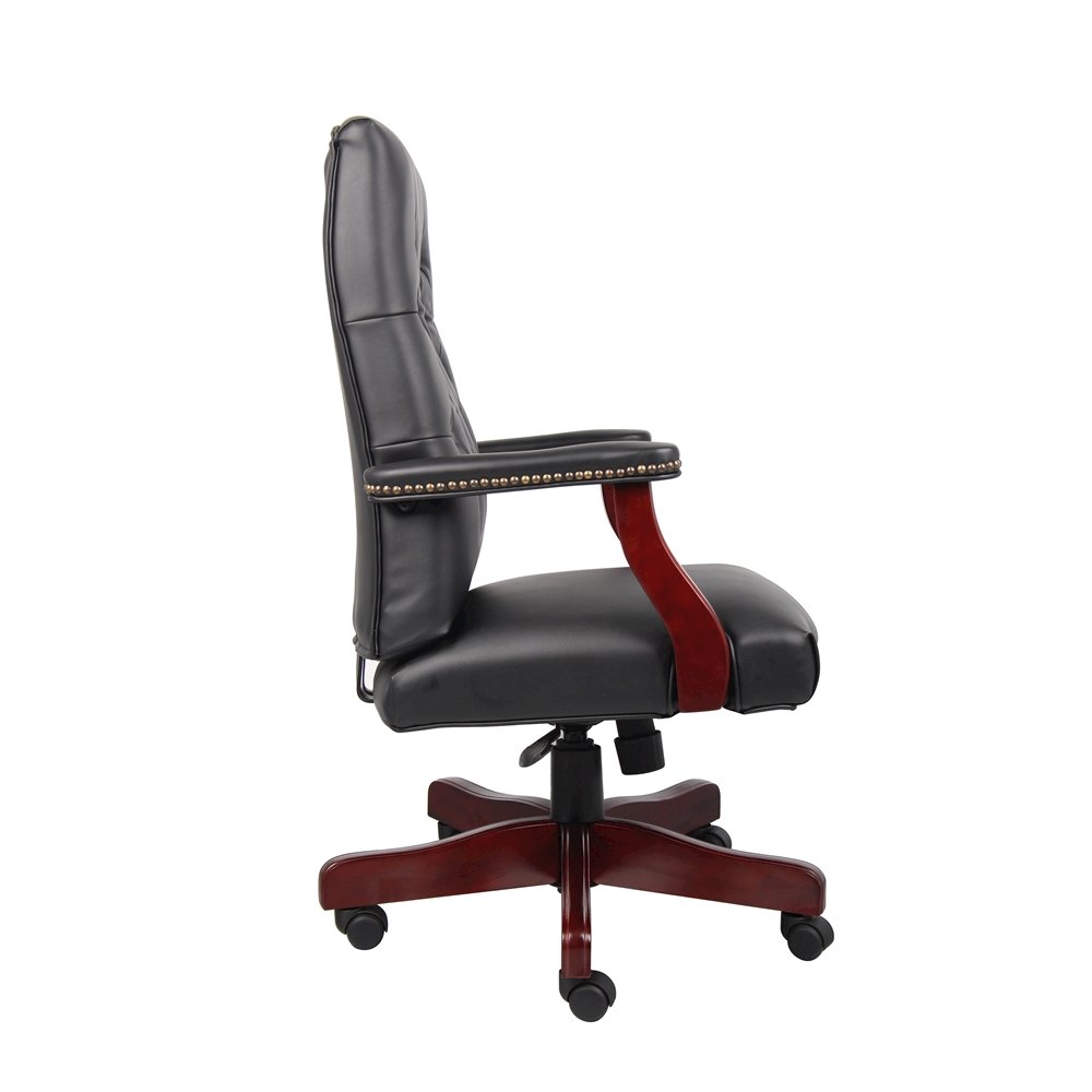 Tufted Executive Desk Chair in Black Faux Leather With Mahogany Base